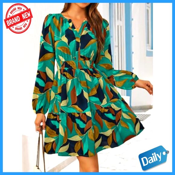 Long Sleeve Floral Mini Dress Boho V Neck A-Line Flowy Beach Vacation - Picture 5 of 7